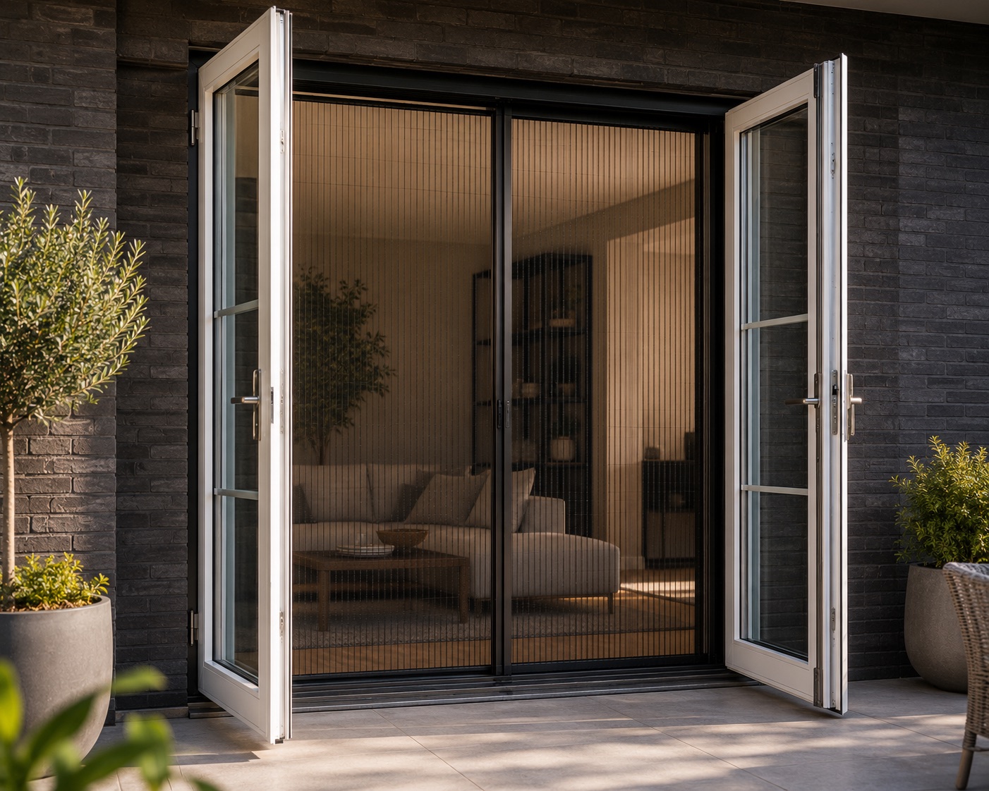 Plissehordeur in zwart aluminium kozijn voor openslaande Franse deuren, met zicht op een besloten tuin