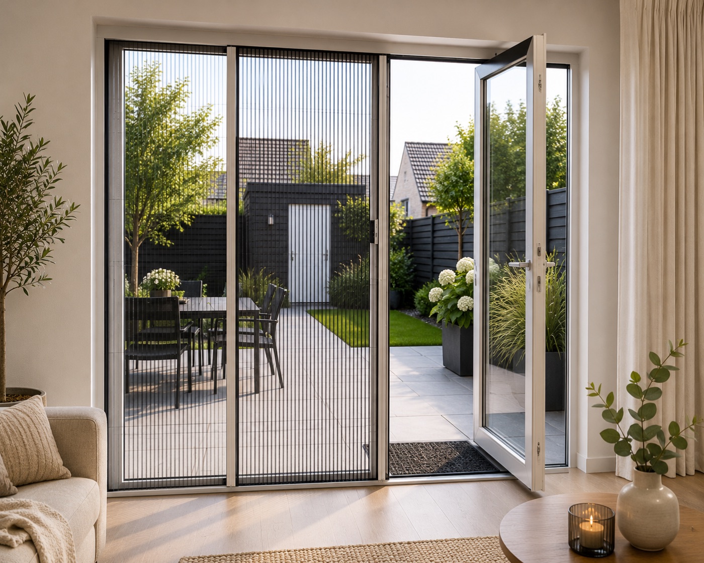 Plissehordeur voor een schuifpui in de woonkamer, met een openslaand deel naar het terras