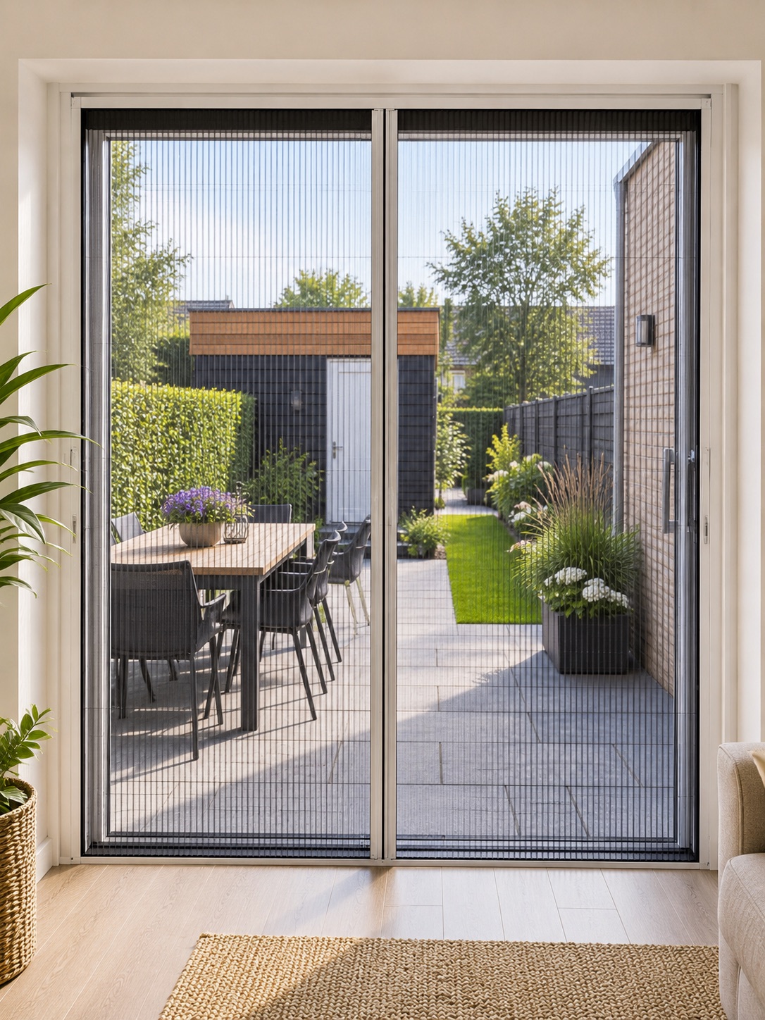 Twee plissehordeuren voor een dubbele tuindeur, gezien vanuit de woonkamer met een eettafel op het terras