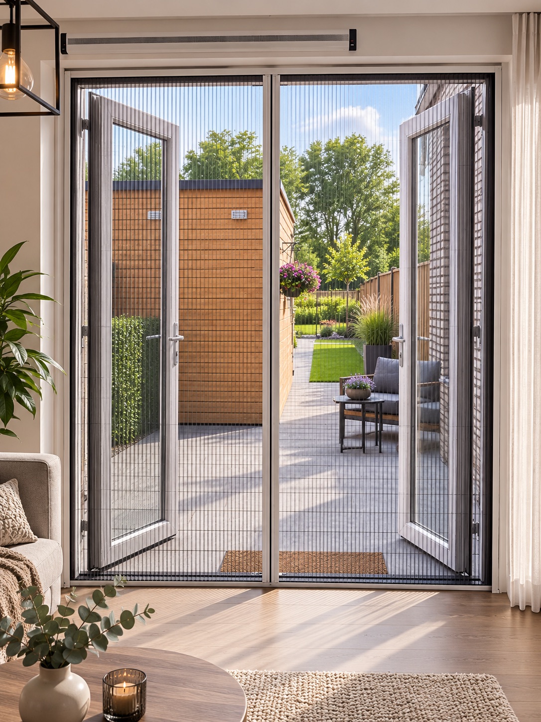 Plissehordeuren op openslaande tuindeuren in de woonkamer, geopend naar het terras met loungehoek