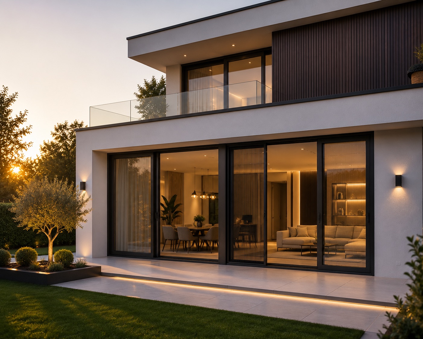 Moderne villa met grote openslaande puien, verlicht in avondlicht