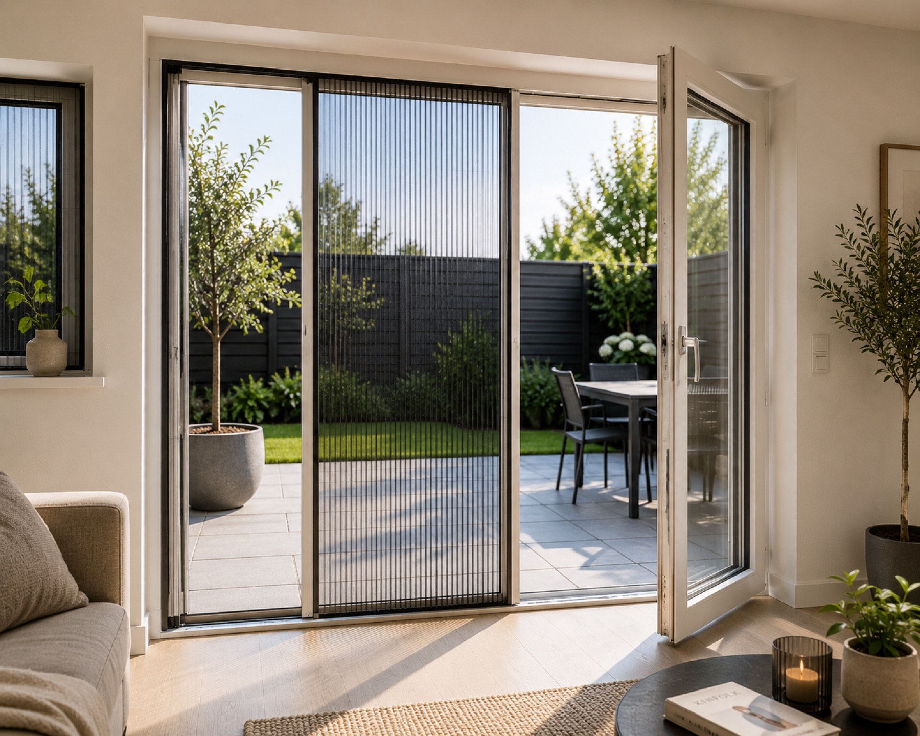 Plissehordeur voor een schuifpui in de woonkamer, met openslaande deur naar het terras