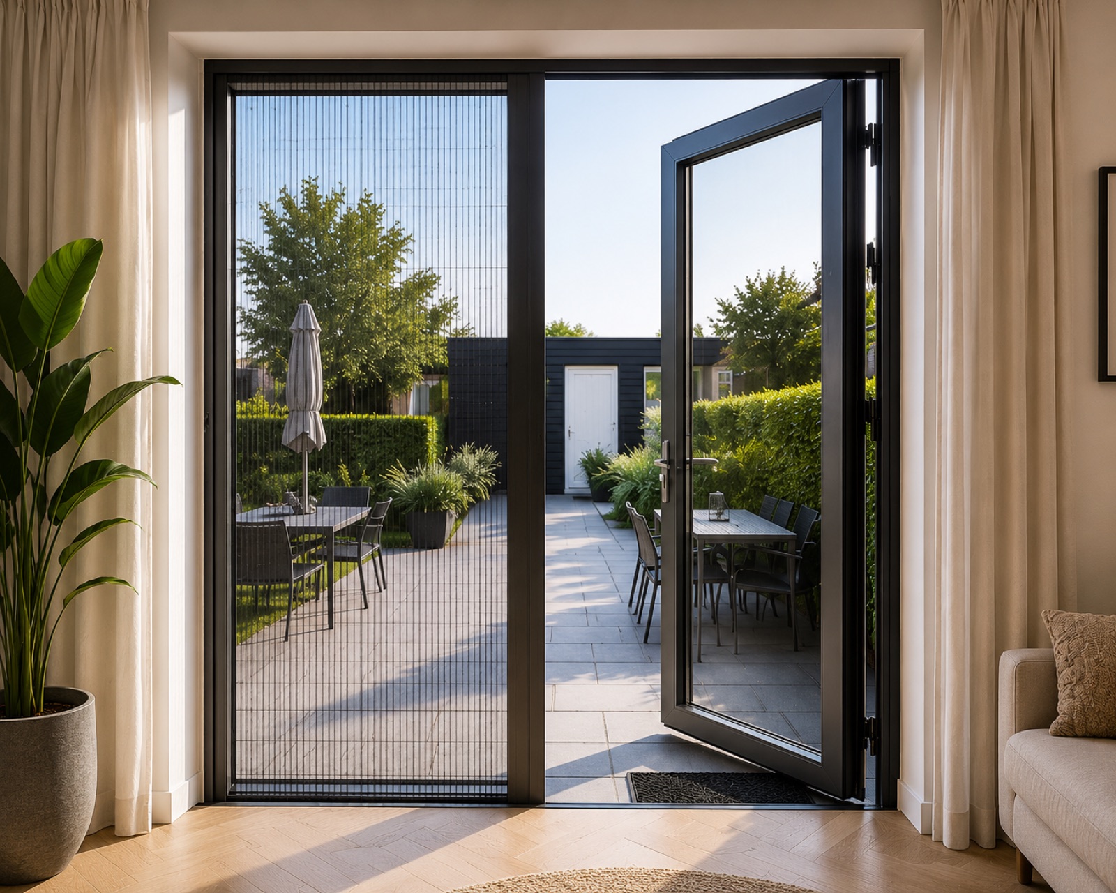 Plissehordeur op een tuindeur bij een klantwoning, deur open naar het terras met eettafel